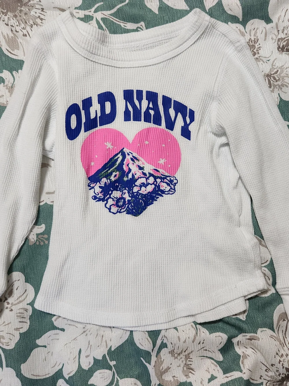 Old Navy White Long-Sleeve Tee with Pink Heart and Blue Logo